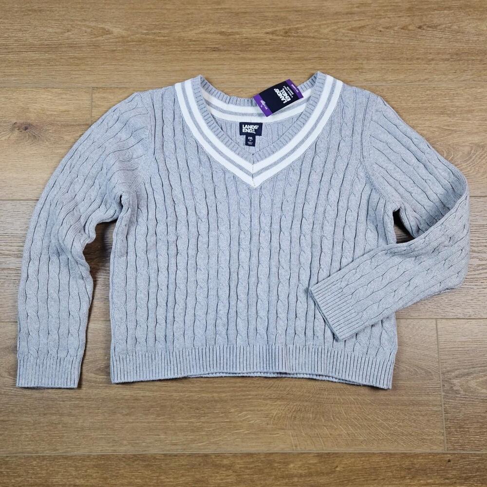 Lands' End Grey Cable Knit Varsity V-Neck Sweater NWT Size XXL